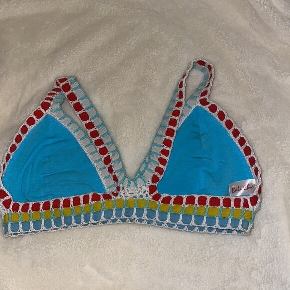 Bali Chic Crochet Boho Knit Blue Pull on Swimsuit Top XL - Picture 3 of 6